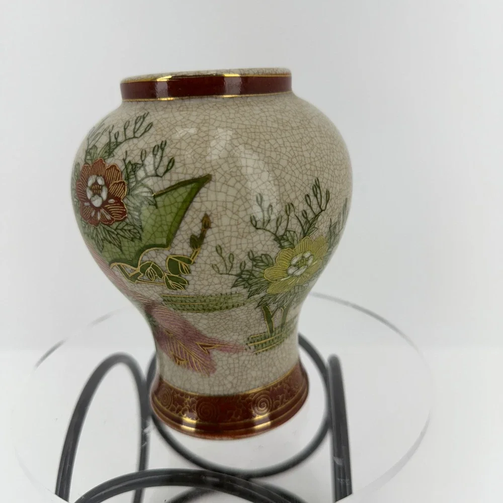 Vintage Kutani Porcelain Crackle Glaze Vase Peacock Floral Gold Trim Asian Style